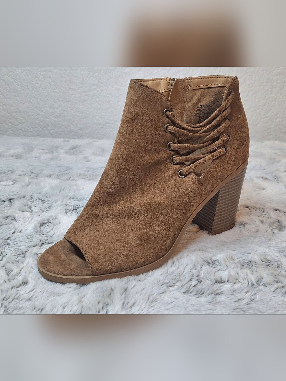 Coconuts by Matisse Walk On Peep Toe Block Heel Booties Tan Suede
